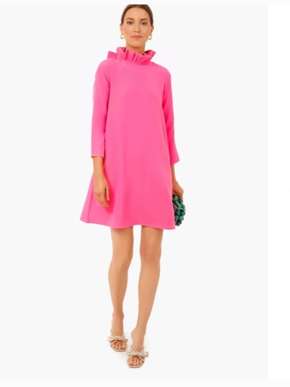 Tuckernuck Daphne Dress Womens Size S Hot Pink Ruffle Stand Collar Bow Feminine